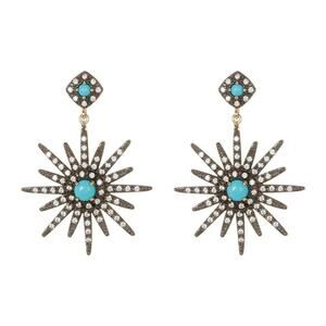 14k Yellow Gold Plated Turquoise Swarovski Crystal Starburst Dangle Earrings
